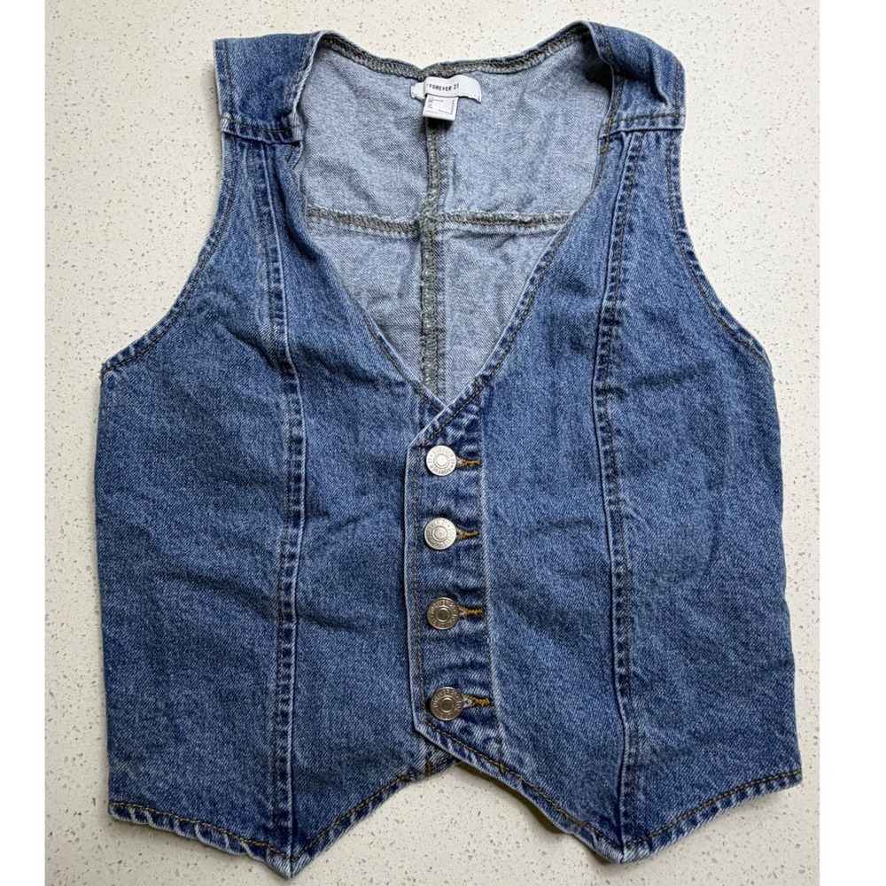 Forever 21 Denim Vest Medium Wash Blue Button Front Cropped Waistcoat Small